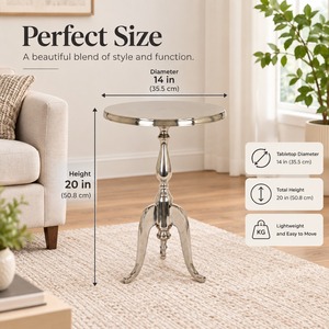 Luxury Silver Round Side <b>Table</b> Classic Aluminium Tripod <b>End</b> <b>Table</b> Decorative Metal Accent Drinks <b>Table</b> for Living Room - Product Image 3