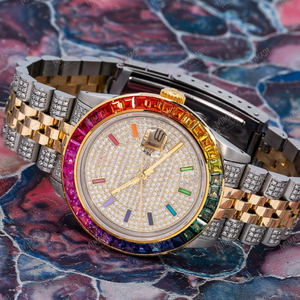 Two Tone Moissanite Diamond <b>Watch</b> with Rainbow Bezel, Fully Iced Out Dial, Date Display & Luxury Steel Bracelet Unisex Timepiece - Product Image 1