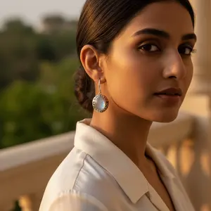 ต่างหูเงินแท้ 925 ชุบทอง ประดับมุกทรงรีและเพชร ดีไซน์ห้อยระย้า เหมาะสำหรับงานแต่งงานและงานปาร์ตี้ - Product Image 3