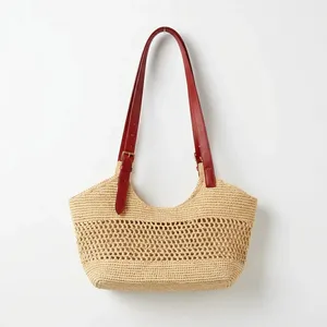 Sac à bandoulière bohème en raphia tressé fait main avec sangle en cuir camel, motif ajouré, style été, sac à main pour femme - Product Image 2