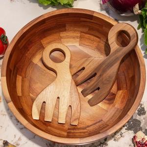 Bol rond en bois d'acacia naturel fait à la main avec couverts à salade pour vaisselle et articles de cuisine d'Inde - Product Image 6