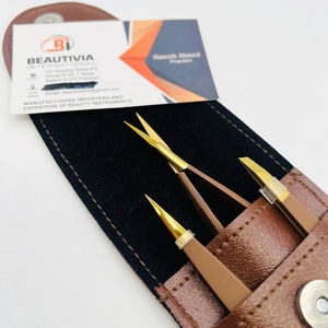 Ciseaux professionnels à ressort et pinces à épiler pour sourcils, outil de toilettage des cheveux, marron mat avec étui, outils de beauté en acier inoxydable - Product Image 2
