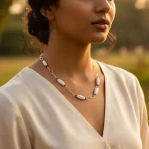 Collier en perles d'argent pour femmes avec pierre blanche, chaînes de mode, bijoux cadeau - Product Image 2