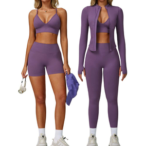 Nouveau modèle Veste de yoga et leggings de gym de haute qualité Logo personnalisé Leggings d'entraînement sans couture Ensemble de 3 shorts pour femmes - Product Image 1