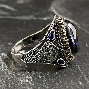 Men's Silver Yggdrasil Patterned <b>Ring</b> with Oval Dark Blue Sapphire Gemstone Handmade Tree Life Themed <b>Ring</b> <b>Opal</b> As Main Stones - Product Image 5