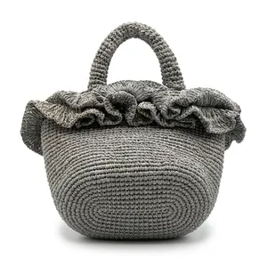 Gray Raffia Geometric Print Tote <b>Bag</b> with Ruffled Shoulder Strap Durable Fashion Handbag for <b>Women</b> Summer <b>Beach</b> Travel - Product Image 1