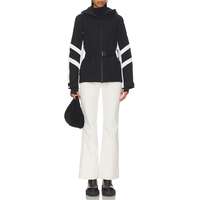 Chaqueta de Esquí Personalizada para Mujer, Invierno, Negra y Blanca, Cierre Frontal con Cremallera, Cinturón en la Cintura, Capucha Ajustable, Puños Ajustables, Resistente al Viento, Transpirable, Ecológica, ODM
