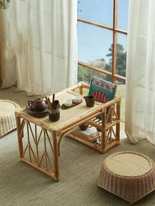 Minimalist Handmade Rattan <b>Tea</b> Table Natural Bamboo Side <b>Stand</b> - Beige Round Accent Furniture for Living Room Made in Vietnam - Product Image 2