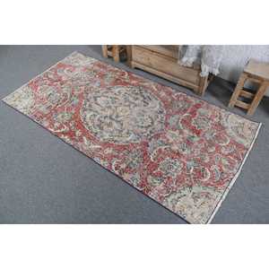 Vintage Rug 3.1x6.4 ft, <b>Red</b> Blue Solid <b>Wool</b> Turkish Rug - Product Image 4