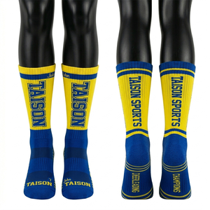 High Quality GSM Breathable Cotton Polyester Women Cheerleading <b>Socks</b> Blue White <b>Yellow</b> Panels Reinforced Heel Toe Knitted Logo - Product Image 3