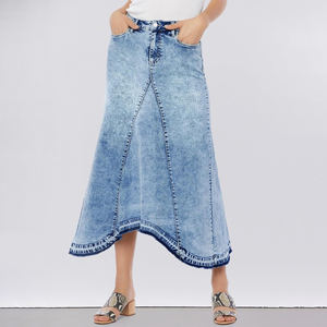 Falda vaquera larga para mujer, Falda vaquera larga informal de cintura alta con dobladillo Irregular deshilachado, bolsillo delantero y trasero - Product Image 4