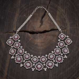 Zircon Crystal Flower Shape Short Women's Wedding <b>Necklace</b> with Green <b>Ruby</b> Stones Rodium Polish and Claw Setting 178394 - Product Image 2