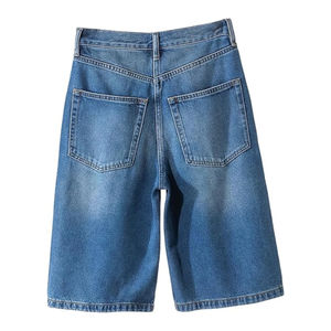 กางเกงยีนส์ขาสั้นทรงหลวมสีฟ้าผ้าคอตตอน100% ยาวปานกลางแบบถักสไตล์ลำลองทรงตรงสำหรับฤดูร้อน - Product Image 2