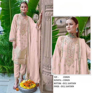 Style pakistanais traditionnel semi-cousu Salwar Kameez lourd Chinon broderie véritable miroir travail pour les occasions de mariage Zarkan - Product Image 3