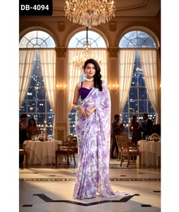Saree en georgette de style moderne indien avec bordure en dentelle perlée et chemisier en soie d'art pour fête et festival - Product Image 1