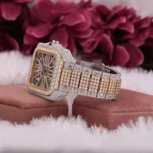 Reloj de diamante de moissanita de dos tonos de alta calidad, banda de acero inoxidable de 20mm, esfera analógica de lujo exquisita, Cara de cristal cuadrada de esqueleto - Product Image 2