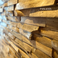 Série artisanale Pangestu, bois de teck recyclé 3D, écologique, géométrique, courbes lisses, moderne, rustique, insonorisant, appartement