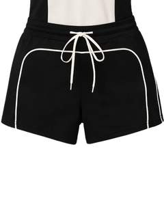 Customized Womens Black White Two Piece Sports Set With Zip Collar Top And Drawstring <b>Shorts</b> Casual Gym Fitness Summer Wear - Product Image 4