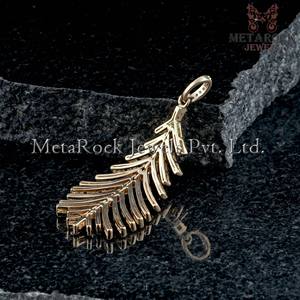 Collar con colgante de plumas de diseñador, joyería de oro amarillo de 14k, Diamante pavé auténtico, hecho a mano, venta al por mayor - Product Image 6