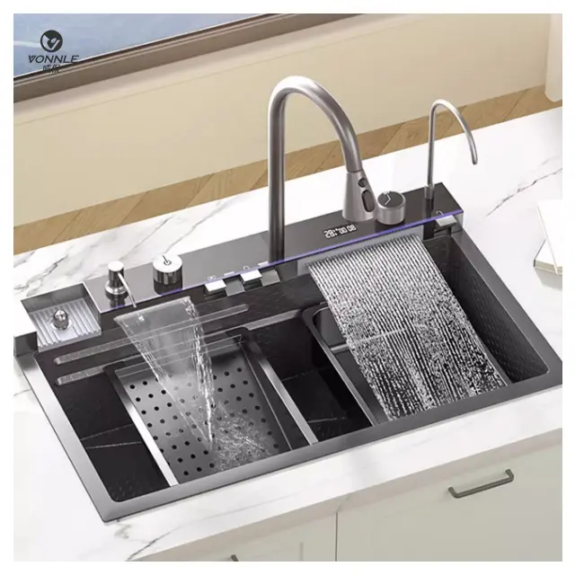 Integrated flying fish faucet waterfall sink kitchen sink digital smart kitchen sink