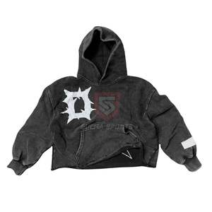 Sudadera con Capucha Vintage Negra con Lavado Ácido, Paneles de Hombro Acanalados, Sudadera de Felpa de Algodón Desgastada - Product Image 5