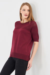 Blusa de punto calado de manga corta para mujer - Suéter de primavera con cuello redondo y diseño hueco - Top de punto de ganchillo suave y transpirable para damas - Product Image 4