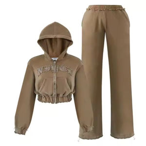 MOVATEXTILE Custom Designer Ladies <b>Embroidery</b> Zip up Acid Wash Crop Sweatsuits Tracksuits <b>Sets</b> Flared Sweatpants and Hoodies <b>Set</b> - Product Image 1