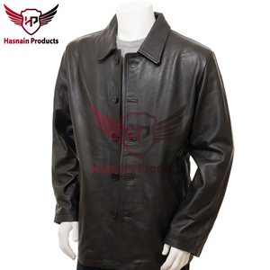 Veste en cuir véritable noir pour homme, mi-longue, col chemise, en cuir de vachette, fermeture boutonnée, poches latérales, coupe classique, chaude, personnalisable - Product Image 2