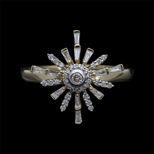 Bague Starburst en or 14K avec diamant naturel et baguette conique de 0,18 ct et diamants ronds dans un design Sunburst à lunette rayonnante - Product Image 2