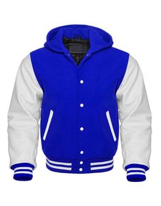Blue White Color Block Women's Hooded Varsity Jacket Contrast Leather Sleeves Snap <b>Button</b> Winter <b>Coat</b> - Product Image 3