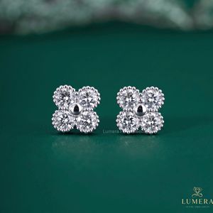 Round Cut Lab Grown Diamond Four Leaf Clover Cluster Studs Non Certified 14K Solid Gold Milgrain Beaded Floral Motif Earrings - Product Image 1