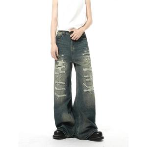 Jeans à jambes larges en denim vintage personnalisé, délavé et déchiré, broderie de haute qualité, pantalon en denim ample pour hommes - Product Image 5