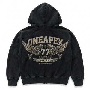 <b>Black</b> Vintage Washed Zip Up Hoodie Oversized Streetwear Motorcycle Graphic <b>Fleece</b> Sweatshirt Casual Unisex Fashion <b>Jacket</b> - Product Image 4