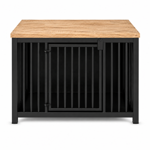 Meuble pour chien en métal moderne avec lit |   Couleur métallique personnalisable en option, dessus en bois massif |   Niche de luxe intérieure pour salon - Product Image 3
