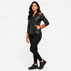 Women's Genuine Leather Moto <b>Jacket</b> Black With Brown Contrast Panels Zipper Closure Stand Collar Autumn Style - Product Image 4