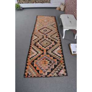 Turkish Vintage <b>Runner</b> <b>Rug</b> 3.2x9.8 ft, Orange Black Camouflage Wool <b>Rug</b> - Product Image 1