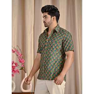 Chemise décontractée en coton 100% à imprimé floral vert avec col boutonné, tissu popeline respirant, taille XL - Fournisseur ODM - Product Image 3