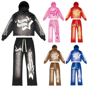 Conjunto de Sudadera con Capucha y Pantalones Jogger Acampanados de Felpa Francesa con Estampado DTG, Estilo Vintage Lavado Ácido para Hombre - Product Image 2