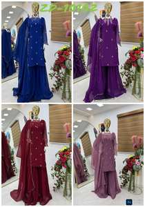 Nouveau concepteur fête haut Palazzo & Dupatta ensemble renard Georgette broderie séquence cou rond lancement Kurti-Sarara lancement - Product Image 6