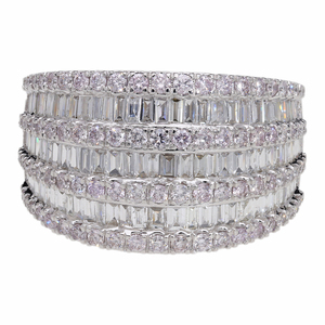 Elegante Juego de puntas de canal alternantes de anillo de banda de varias filas de oro blanco de 14 quilates con diamantes Baguette redondos naturales - Product Image 3