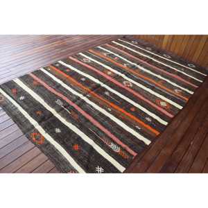 Turkish Rug, Large 5,8x9,1 ft Vintage Rug, <b>Brown</b> Orange Striped <b>Wool</b> Rug - Product Image 2