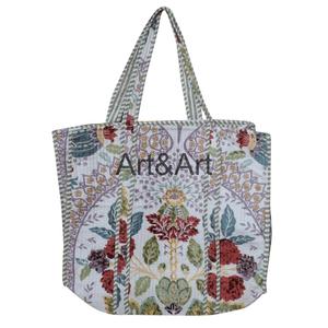 Sac fourre-tout en coton fait main vintage à imprimé floral imprimé à la main avec deux poignées Sac à bandoulière de haute qualité - Product Image 2