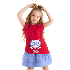 Verano algodón Jersey Gato niña vestido rojo y azul manga corta hasta la rodilla suministro ODM para niños patrón Animal - Product Image 1