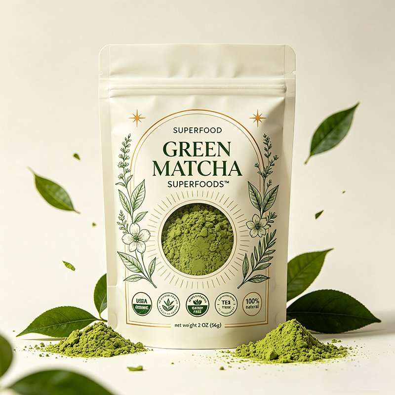 Custom Matte Laminated Matcha Tea Packaging Stand up Zip Lock Pouch Oxygen Barrier Light Proof Food Safe Flexible Bag
