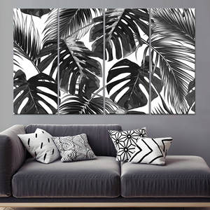 Elegante cuadro en lienzo con estampado de hojas de palma tropicales en blanco y negro, lienzo envuelto en 4 piezas - Product Image 1