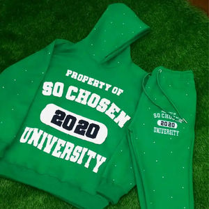 Alta calidad diamantes de imitación lavado ácido Flare pantalones de chándal pulóver Sudadera con capucha conjunto de 2 piezas Unisex apliques Vintage lavado ácido hombres chándal - Product Image 1