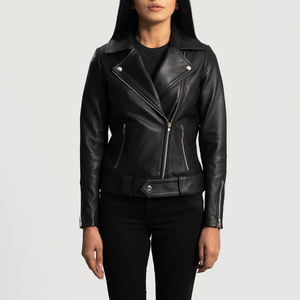 Women's Genuine <b>Leather</b> Moto <b>Jacket</b> Solid Color Zipper Closure Full Sleeve Turn-down Collar Autumn Style - Product Image 5