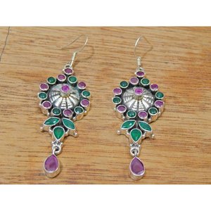 Pendientes Hechos a Mano de Plata de Ley 925 con Esmeralda India, Rubí y Múltiples Piedras, Oro Rosa, Elegante Regalo de Boda para Ella E0672-GS - Product Image 2