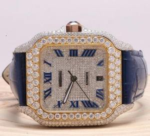 Montre de sport mécanique automatique de luxe avec bracelet en cuir bleu, entièrement sertie de diamants Moissanite VVS, analogique en acier inoxydable - Product Image 5