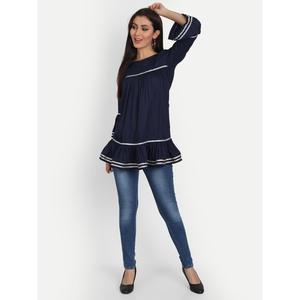 Navy Blue Rayon Solid Bell <b>Sleeve</b> <b>Top</b> for Ladies Embroidered Office Shirt Linen Chiffon Fabric Long XL XXL Sizes Loose <b>Lapped</b> - Product Image 1